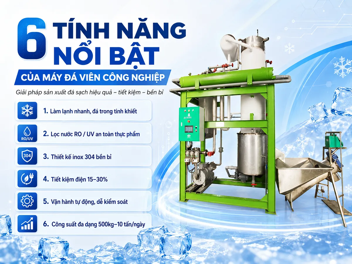 Tính năng của máy đá viên công nghiệp vượt trội như hệ thống làm lạnh nhanh, lọc nước tinh khiết, vận hành tự động