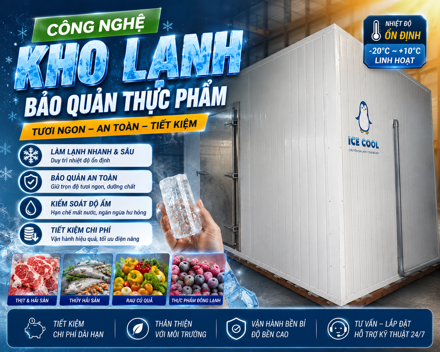 Công nghệ kho lạnh bảo quản thực phẩm đóng vai trò then chốt trong việc duy trì độ tươi, chất lượng và giá trị dinh dưỡng của sản phẩm trong suốt quá trình lưu trữ và phân phối