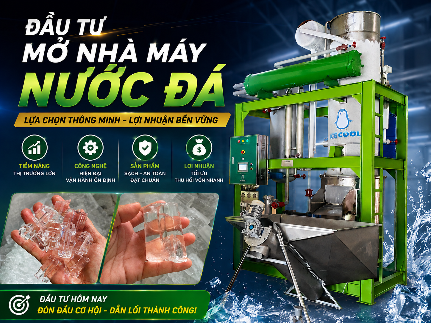 Đầu tư mở nhà máy nước đá là hướng đi tiềm năng giúp bạn chủ động nguồn cung đá viên tinh khiết, đáp ứng nhu cầu thị trường