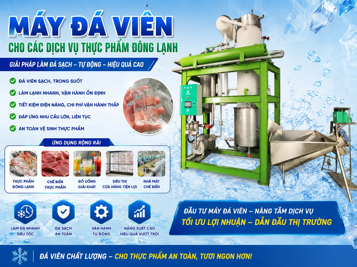 Máy đá viên cho các dịch vụ thực phẩm đông lạnh là thiết bị không thể thiếu giúp doanh nghiệp kiểm soát nhiệt độ tức thời
