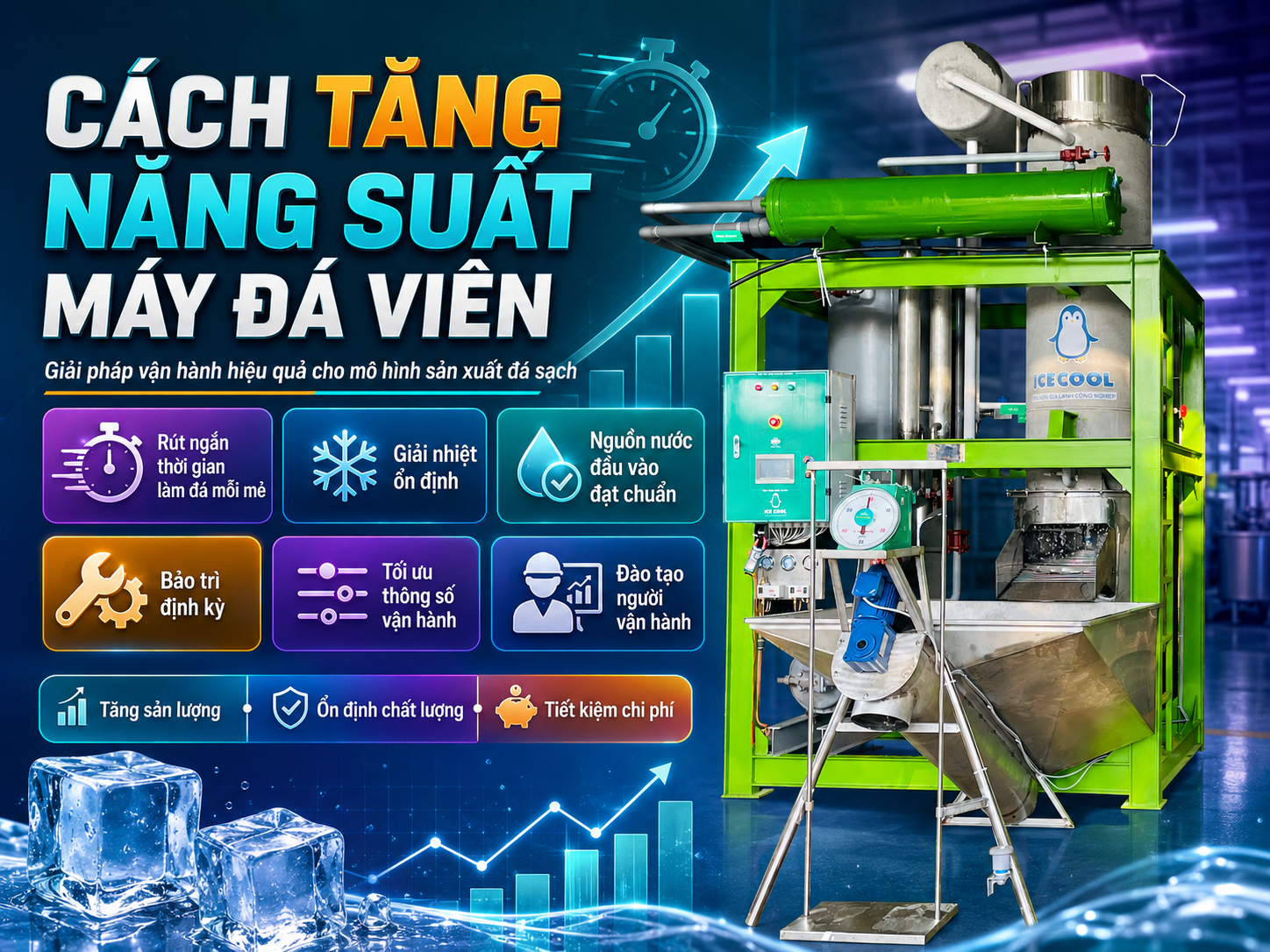 Cách tăng năng suất máy đá viên không nằm ở việc chạy máy nhiều hơn, mà ở việc vận hành đúng và tối ưu từng công đoạn.